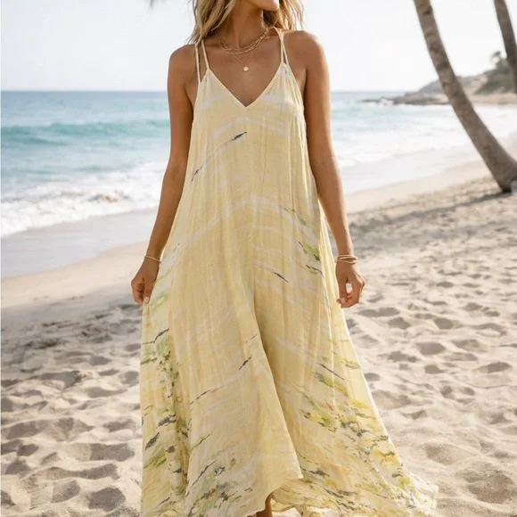 Yellow Floral Maxi Dress Size L Boho Beach Flowy Sundress Summer 😍😎 - Picture 2 of 3